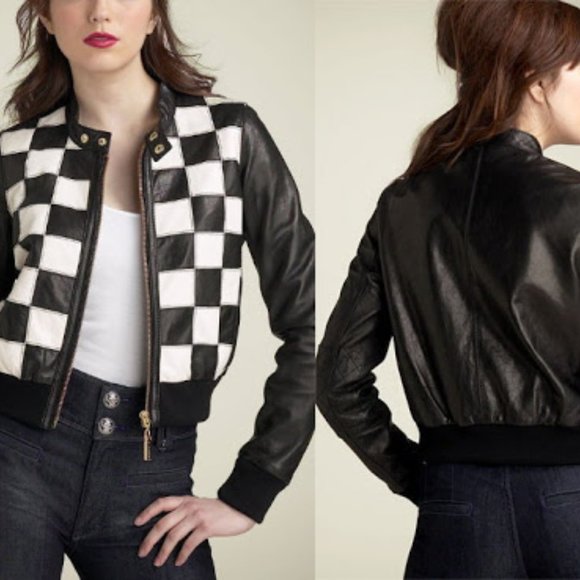 L.A.M.B. Jackets & Blazers - LAMB Gwen black two-tone checkered LEATHER bomber